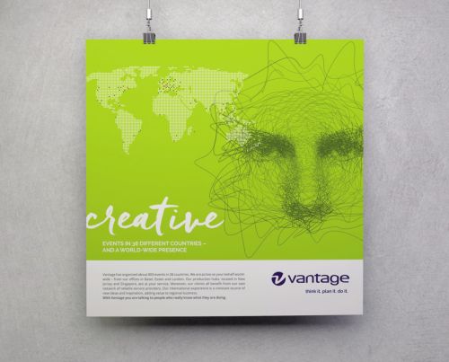 Grünes Vantage Plakat mit Weltkarte und dem Schriftzug creative